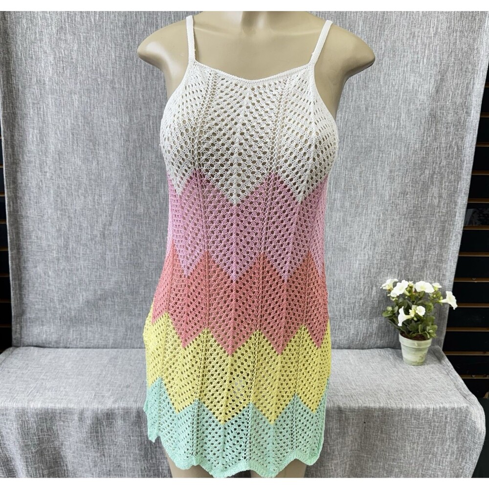 Crochet Boho Breeze Cover Up Color Block Pastel Chevron Knit SHEIN Womens Large